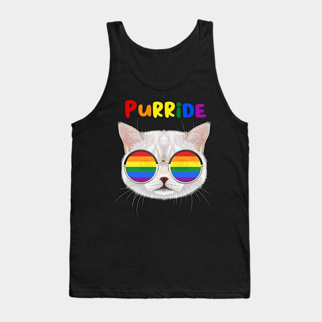 Purride Funny Cat Gay Pride Ally Rainbow Sunglasses LGBTQ Tank Top by Happy Lime